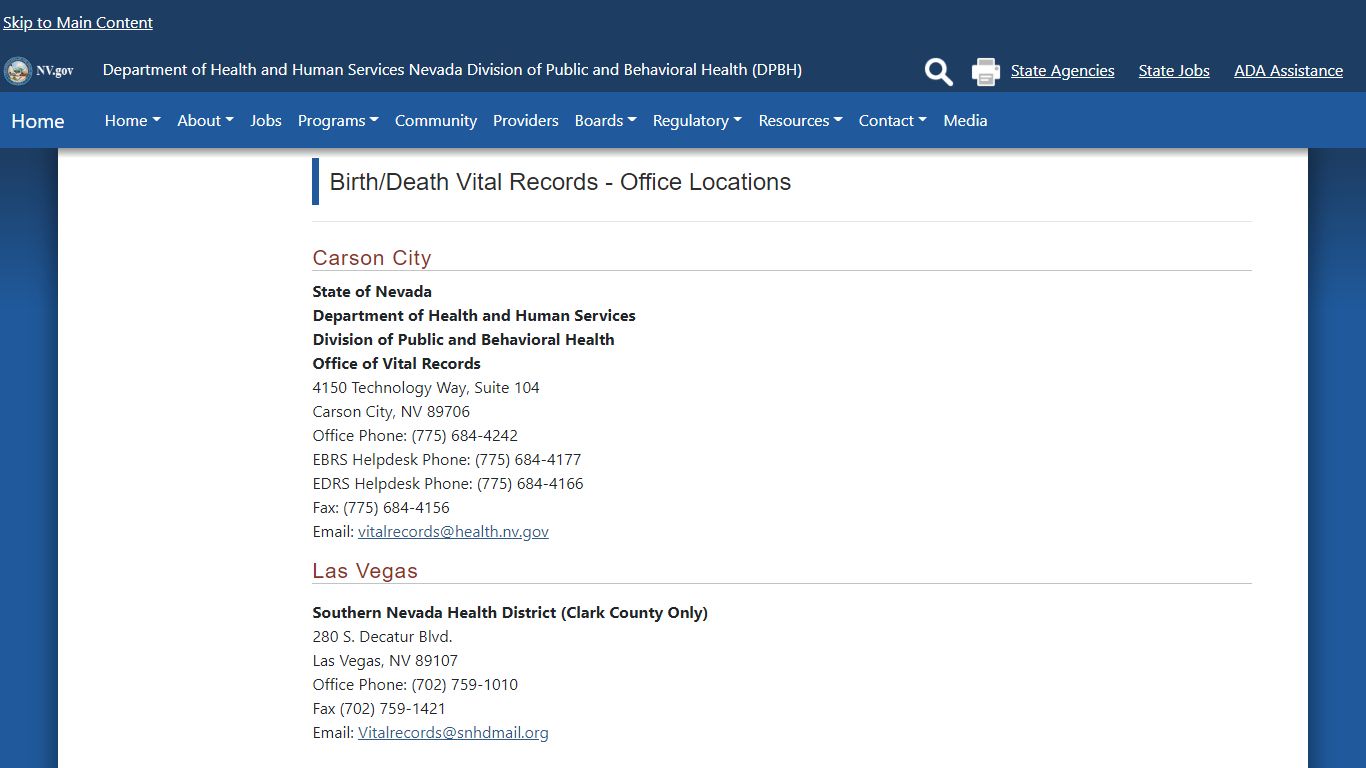 Birth/Death Vital Records - Locations - Nevada