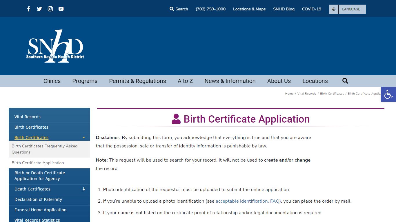 Birth Certificate Application – Southern Nevada Health District