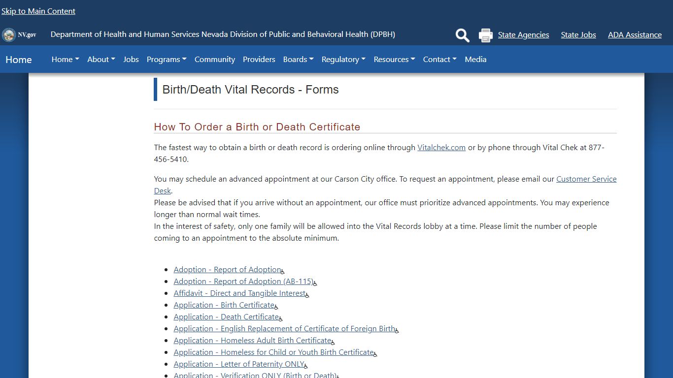 Birth/Death Vital Records - Forms - Nevada